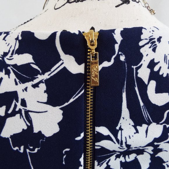 Eliza J Navy Blue and White Cold Shoulder Floral Pansy Print Dress Size 6 - Picture 9 of 12